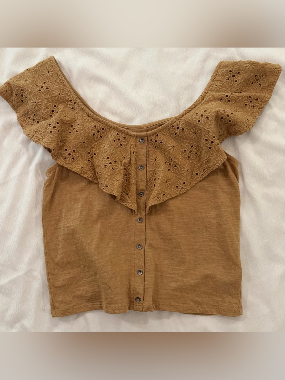 American Eagle Outfitters Eyelet Ruffle Off-Shoulder Crop Top, Yellow/Tan, XS